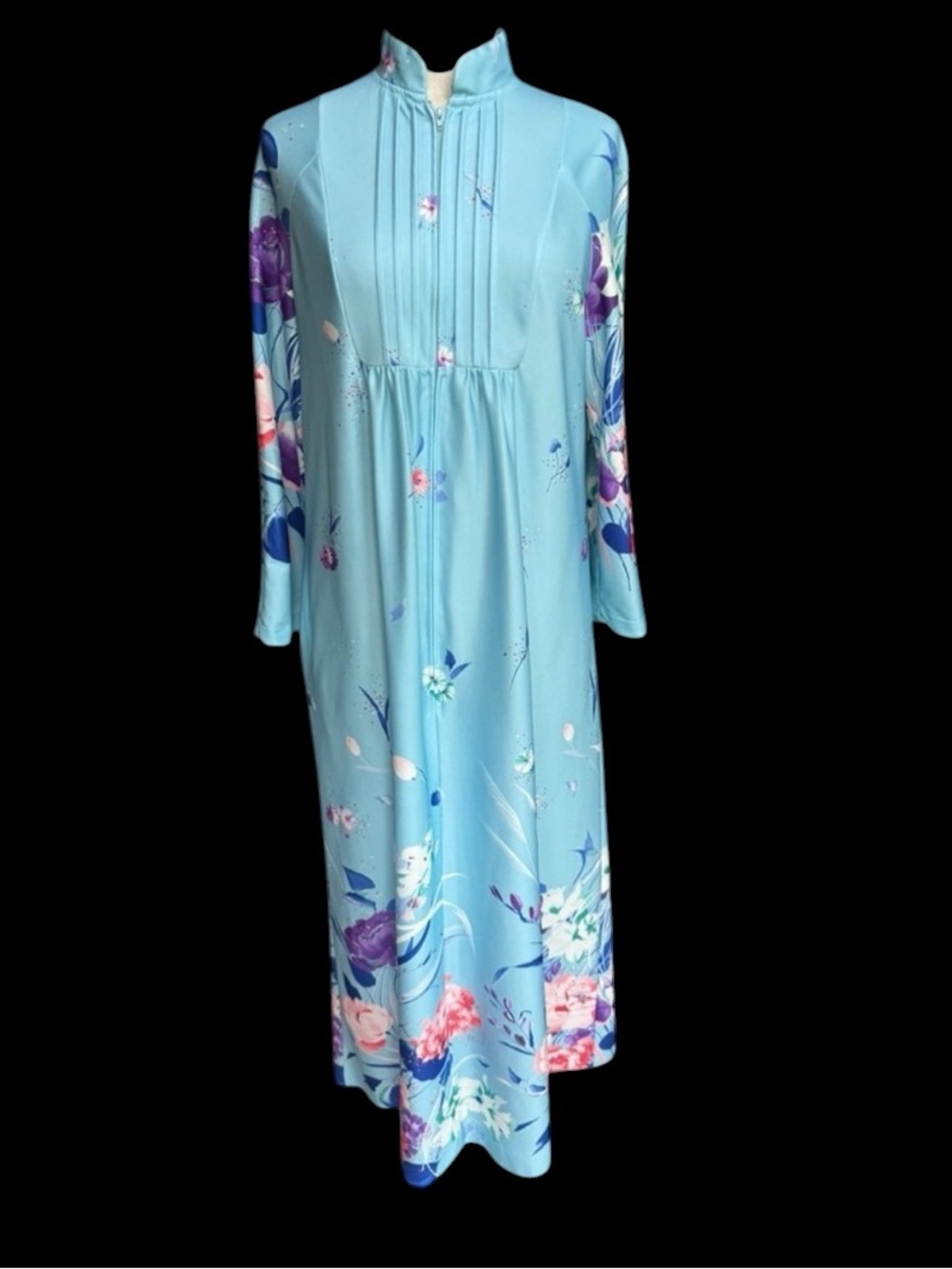 1970s Floral Front 1/2 Zip Poly Lounge Robe